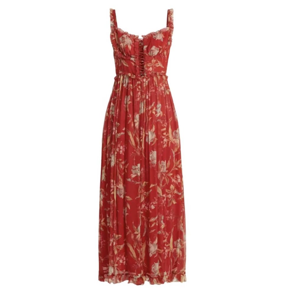 Zimmermann silk red floral jumpsuit with woven bodice